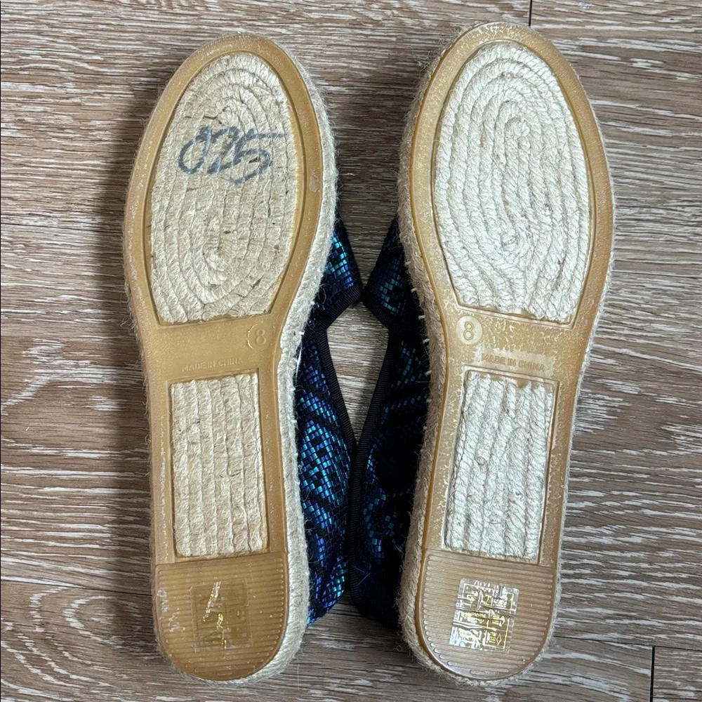 J Crew blue and black patterned espadrille flats, size 8